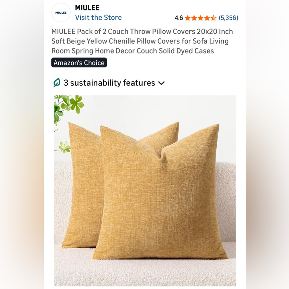 NIB Miulee Set of Yellow/Gold Chenille Pillow Cases/Covers 20" x 20" Bed,Sofa